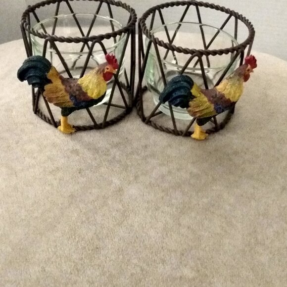 VINTAGE METAL WIRE ROOSTER CANDLE HOLDERS RUSTIC FARMHOUSE DECOR GLASS CUPS - Picture 6 of 10